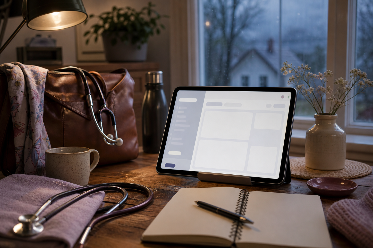 Midwifery workflow scene with voice-assisted charting tools in a twilight practice desk