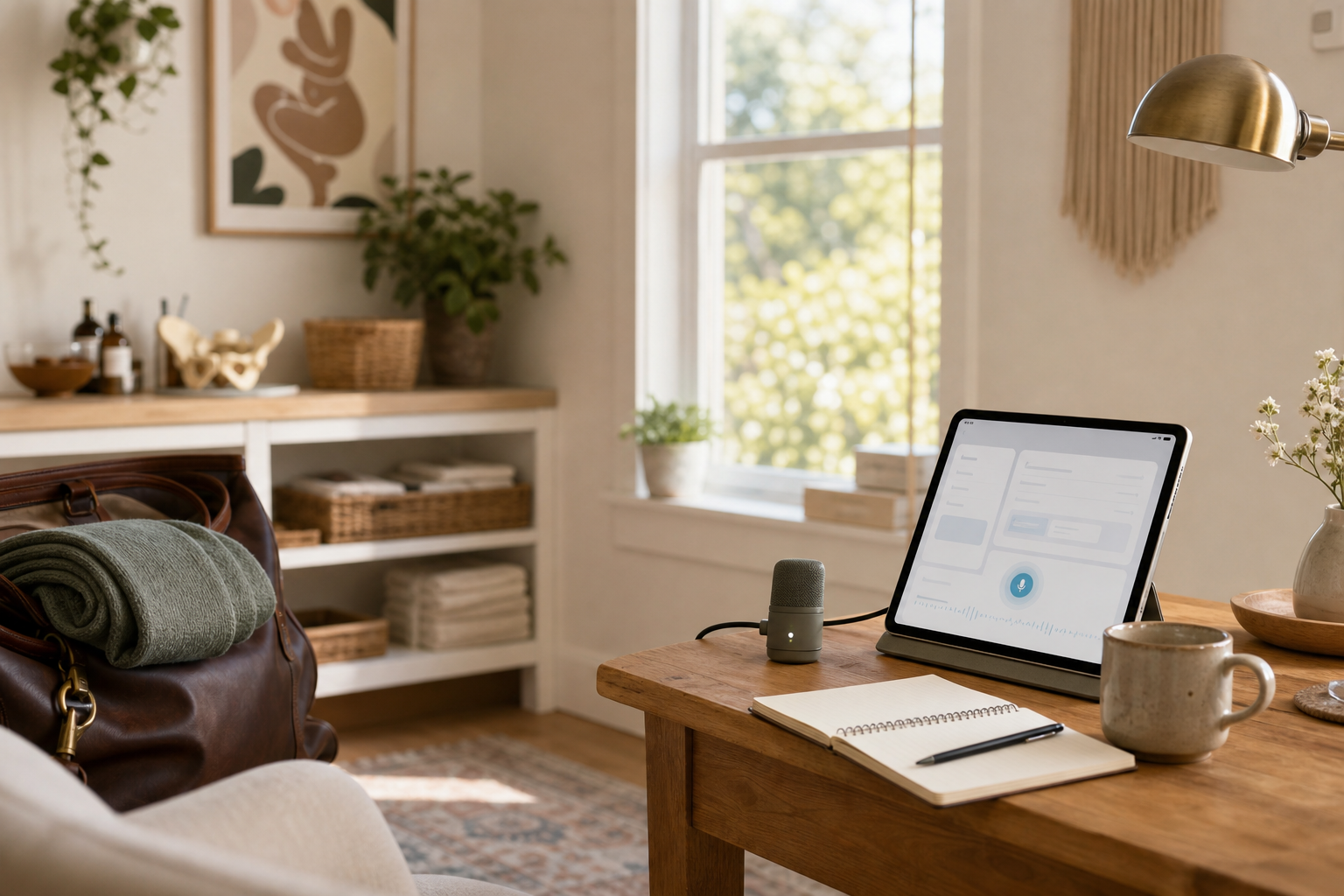 Midwifery workflow scene with voice-assisted charting tools in a small private clinic office