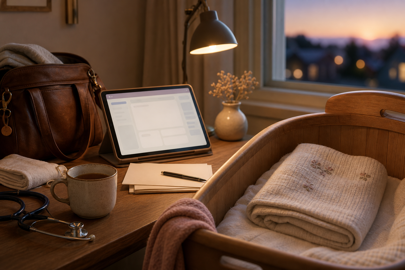 Midwifery workflow scene with voice-assisted charting tools in a twilight practice desk