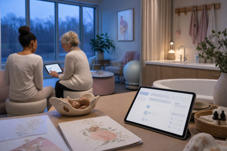 Wide tablet UI desk close-up scene for birth center workflow workflow