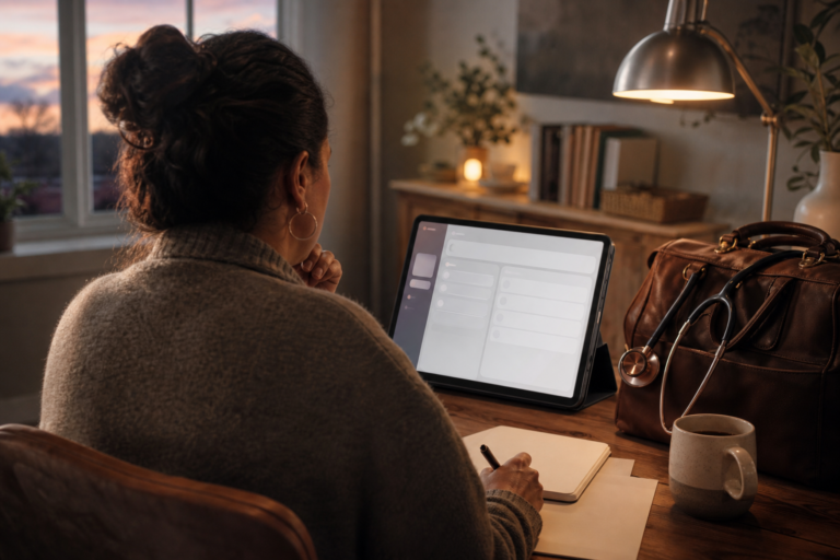 Back-of-head view of a woman midwife reviewing software comparison workflow