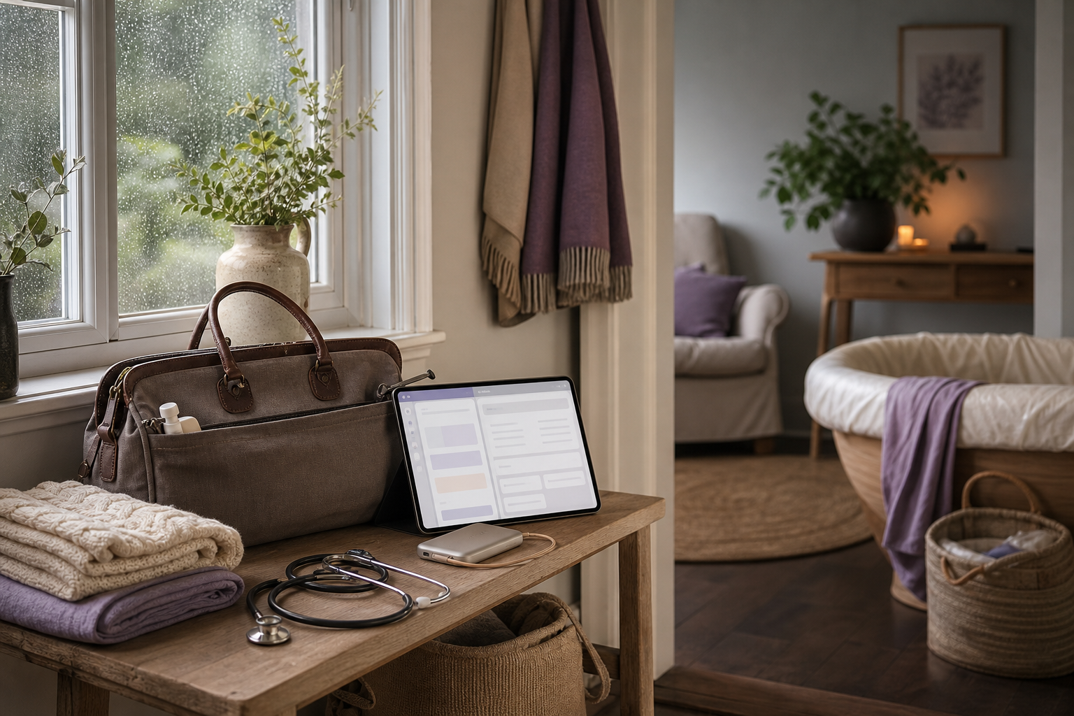 Midwifery workflow scene with software comparison tools in a bag and gear entry bench