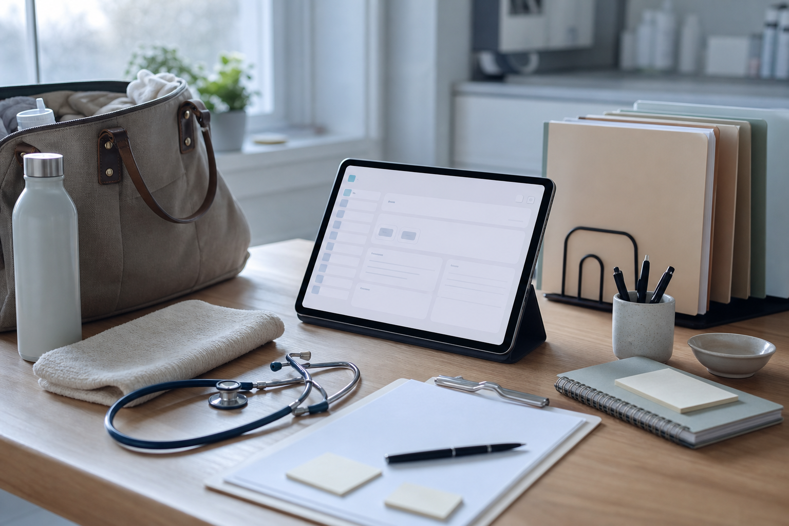 Midwifery workflow scene with software comparison tools in a birth center records station