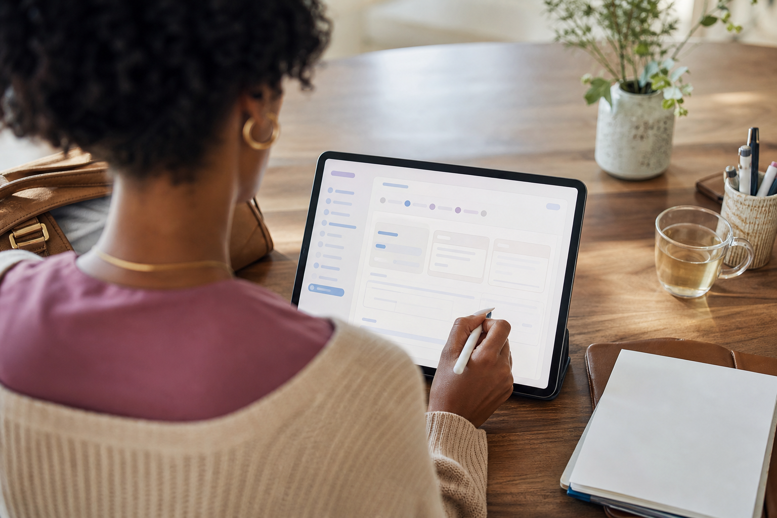 Over-the-shoulder view of a woman midwife using generic client intake forms for midwives software
