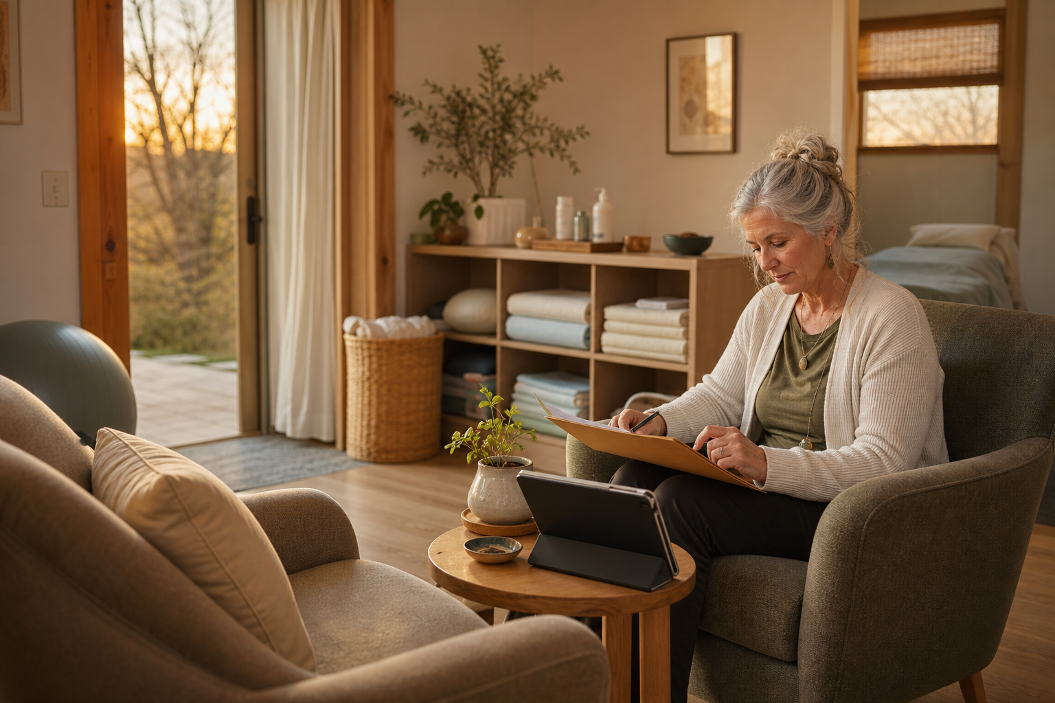 Woman midwife using software for client intake forms for midwives in a birth center room wide