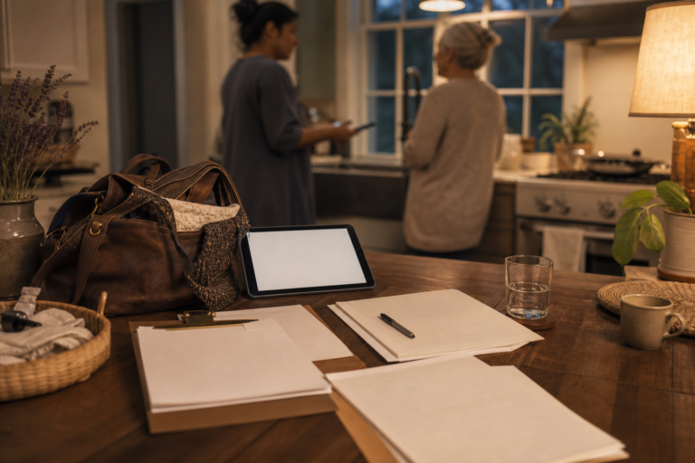 Wide midwifery gear tabletop scene for forms and client intake workflow