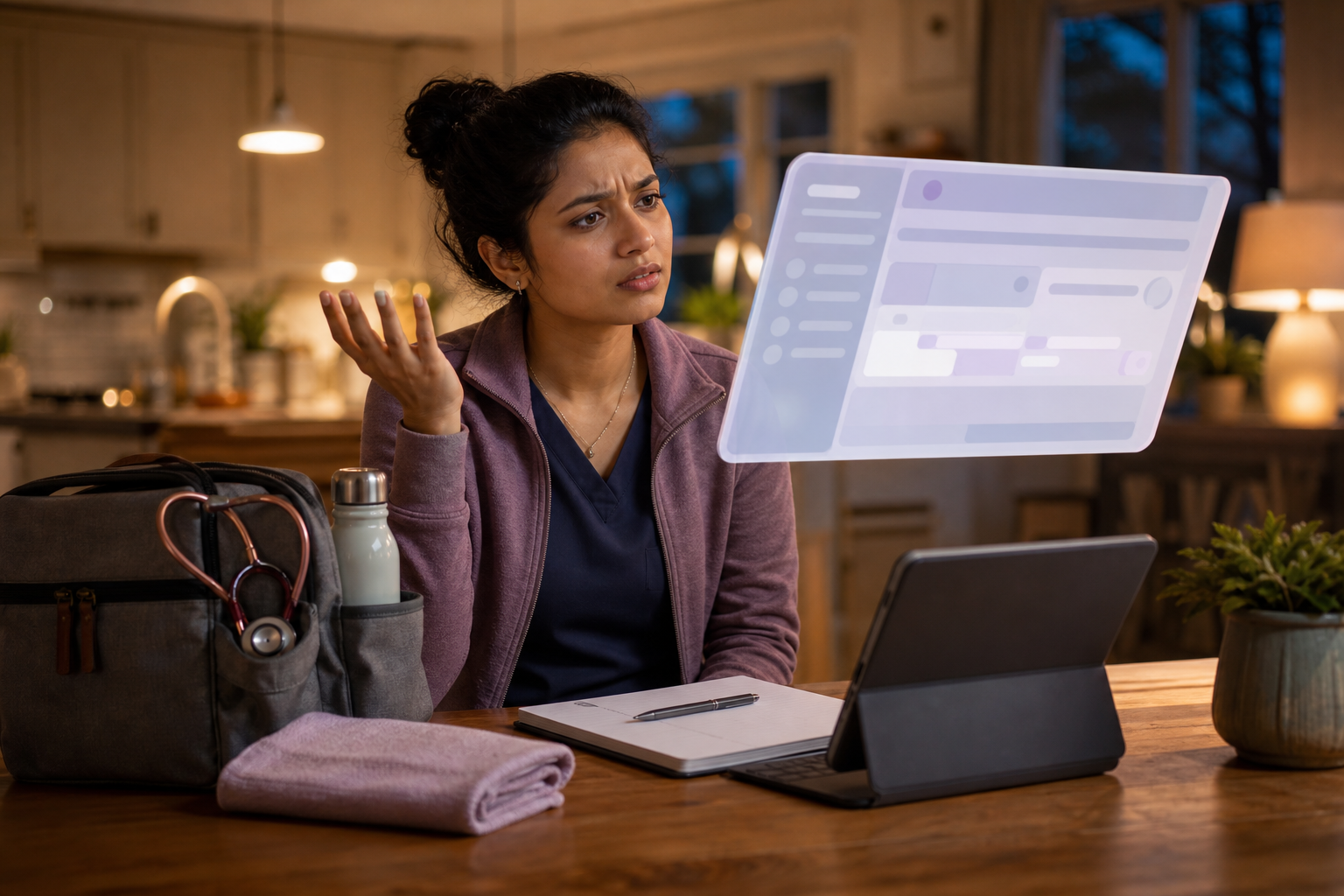 Woman midwife reacting to charting workflow with a generic floating EHR tablet
