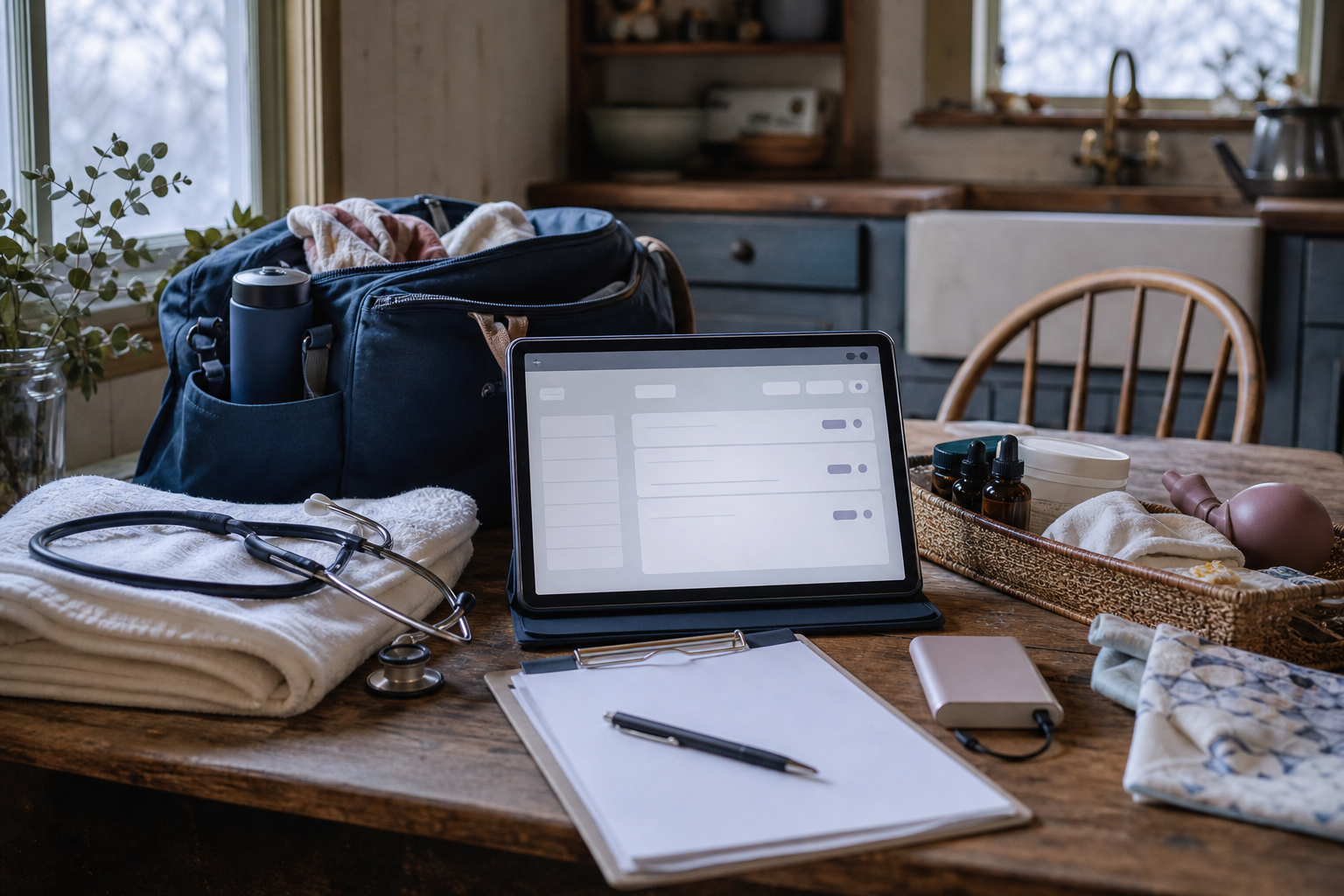Midwifery workflow scene with offline and field charting tools in a rural farmhouse kitchen