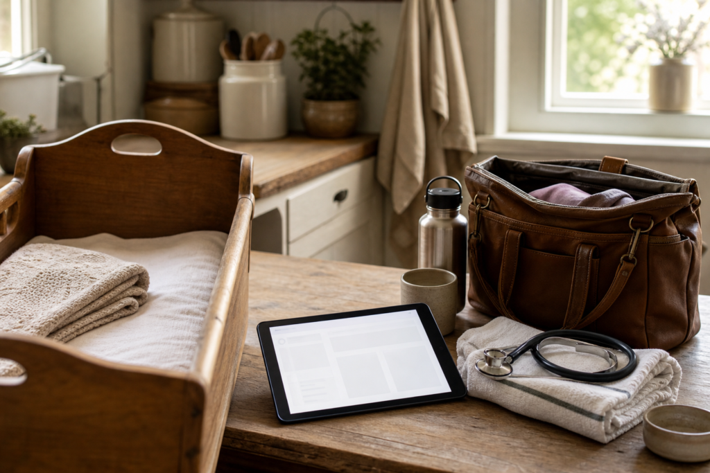 Midwifery workflow scene with offline and field charting tools in a rural farmhouse kitchen