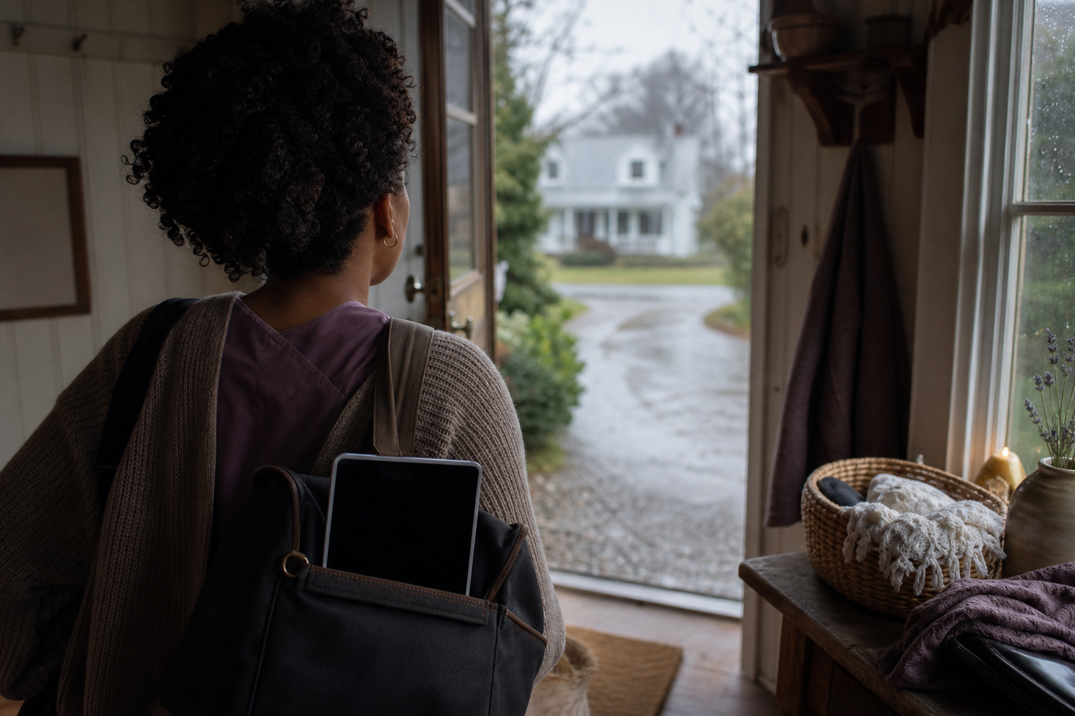 Back-of-head view of a woman midwife reviewing offline and field charting workflow