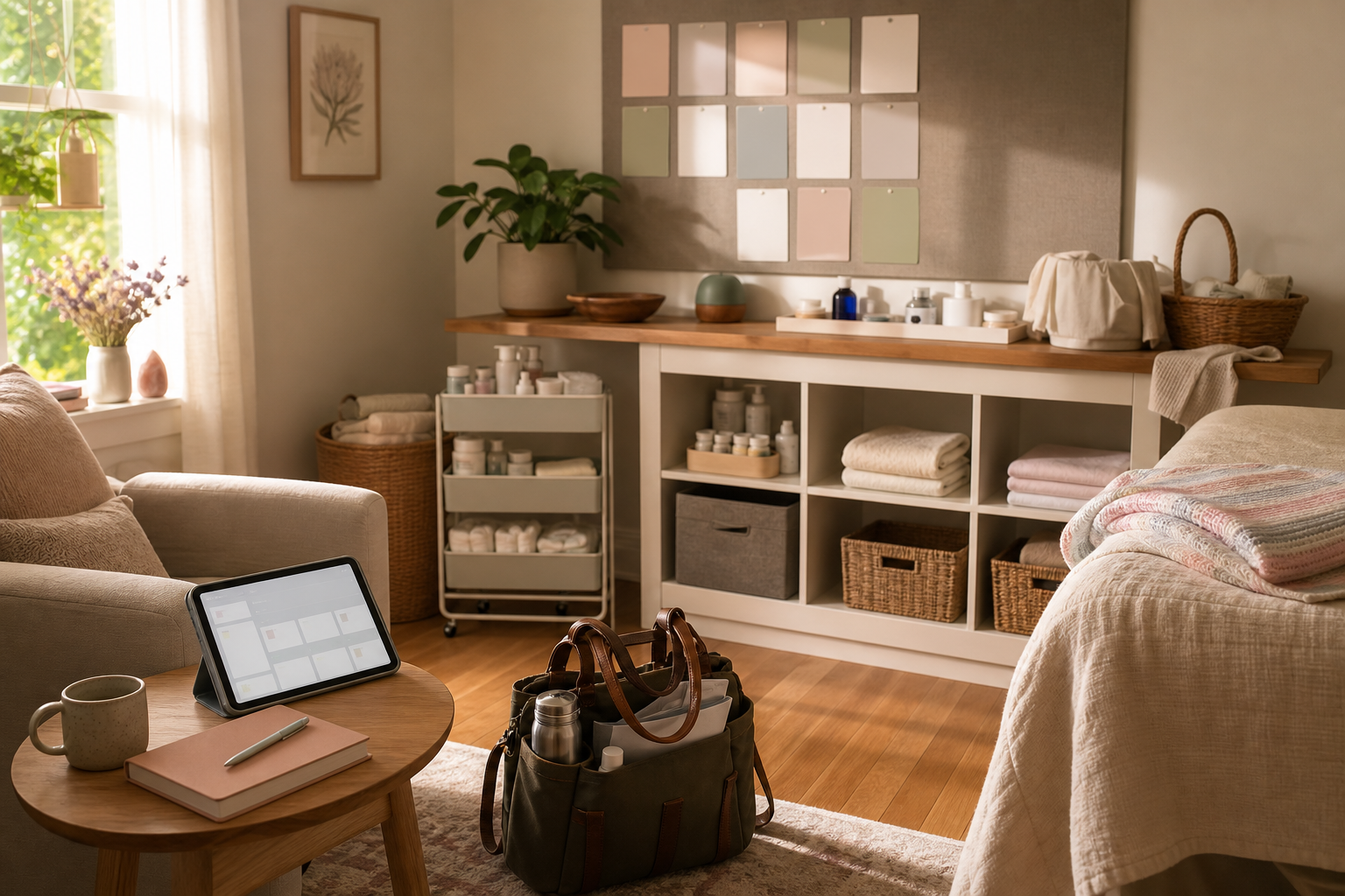Midwifery workflow scene with birth center workflow tools in a birth center room wide