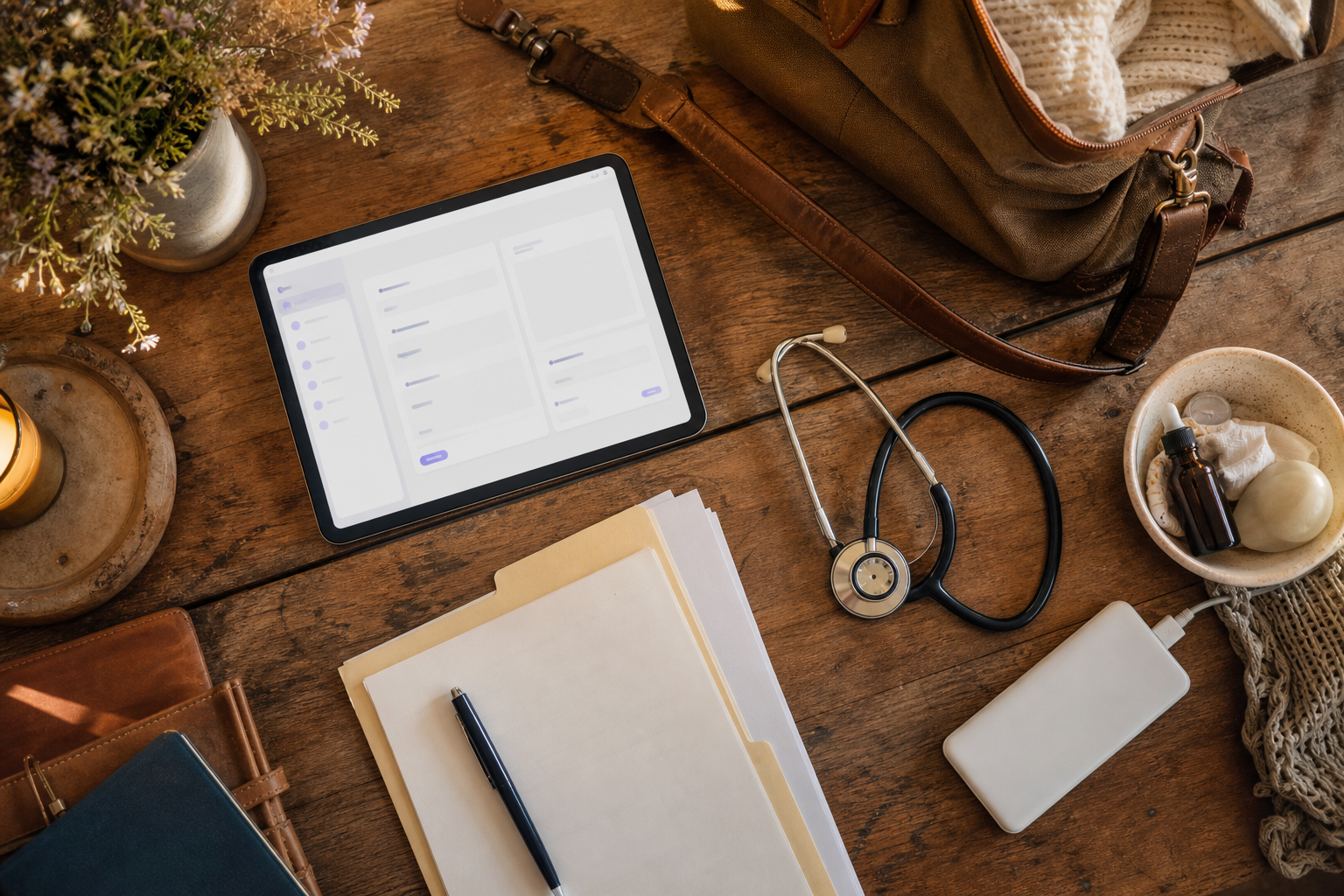 Midwifery workflow scene with offline and field charting tools in a rural farmhouse kitchen