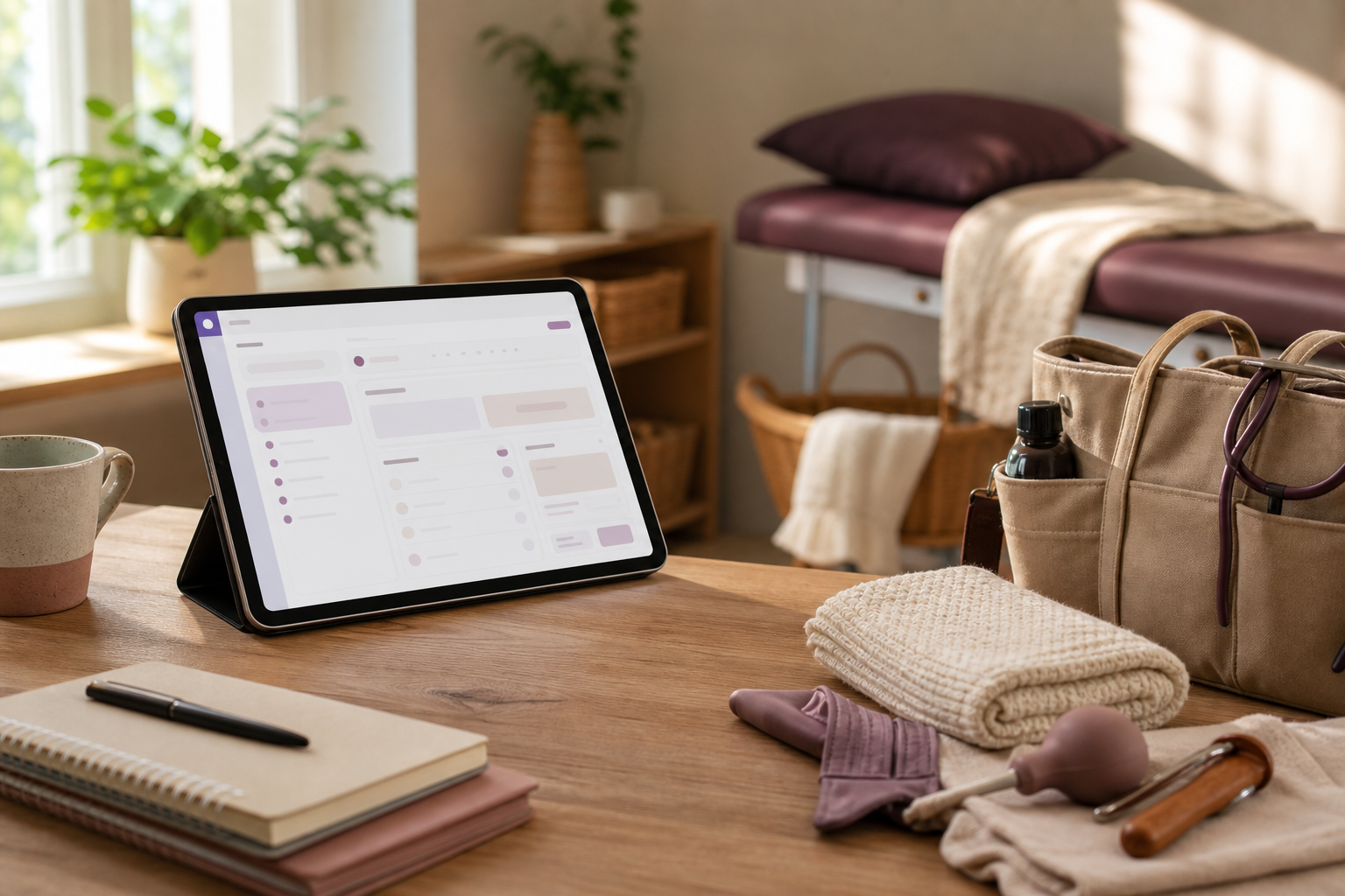 Midwifery workflow scene with student learning workflow tools in a tablet UI desk close-up