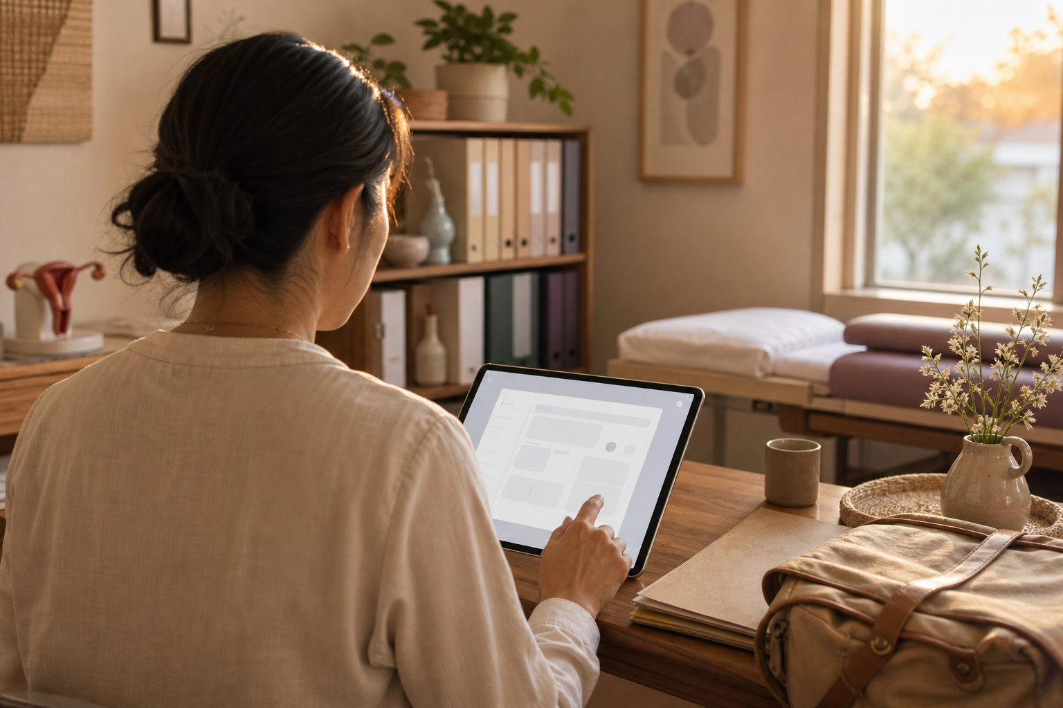 Back-of-head view of a woman midwife reviewing student learning workflow workflow