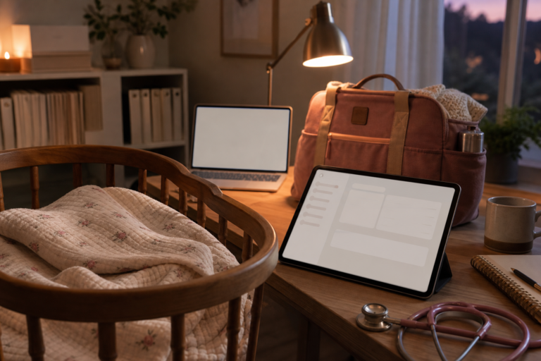 Midwifery workflow scene with device workflow tools in a home office workspace