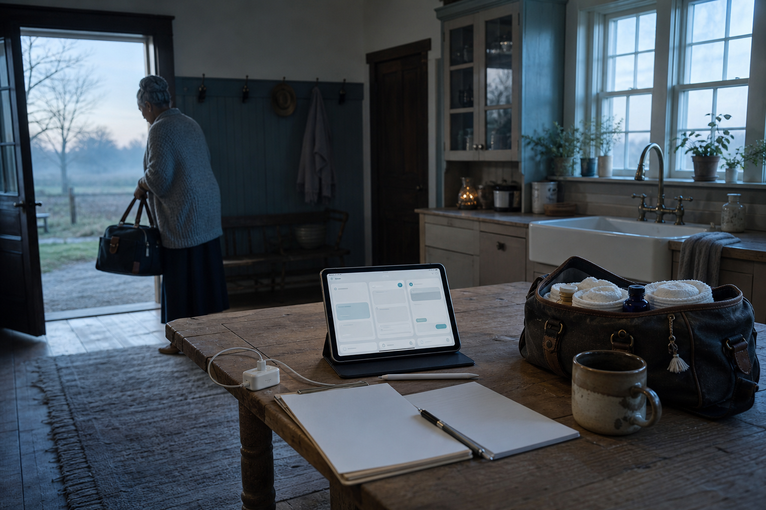 Wide rural farmhouse kitchen scene for device workflow workflow