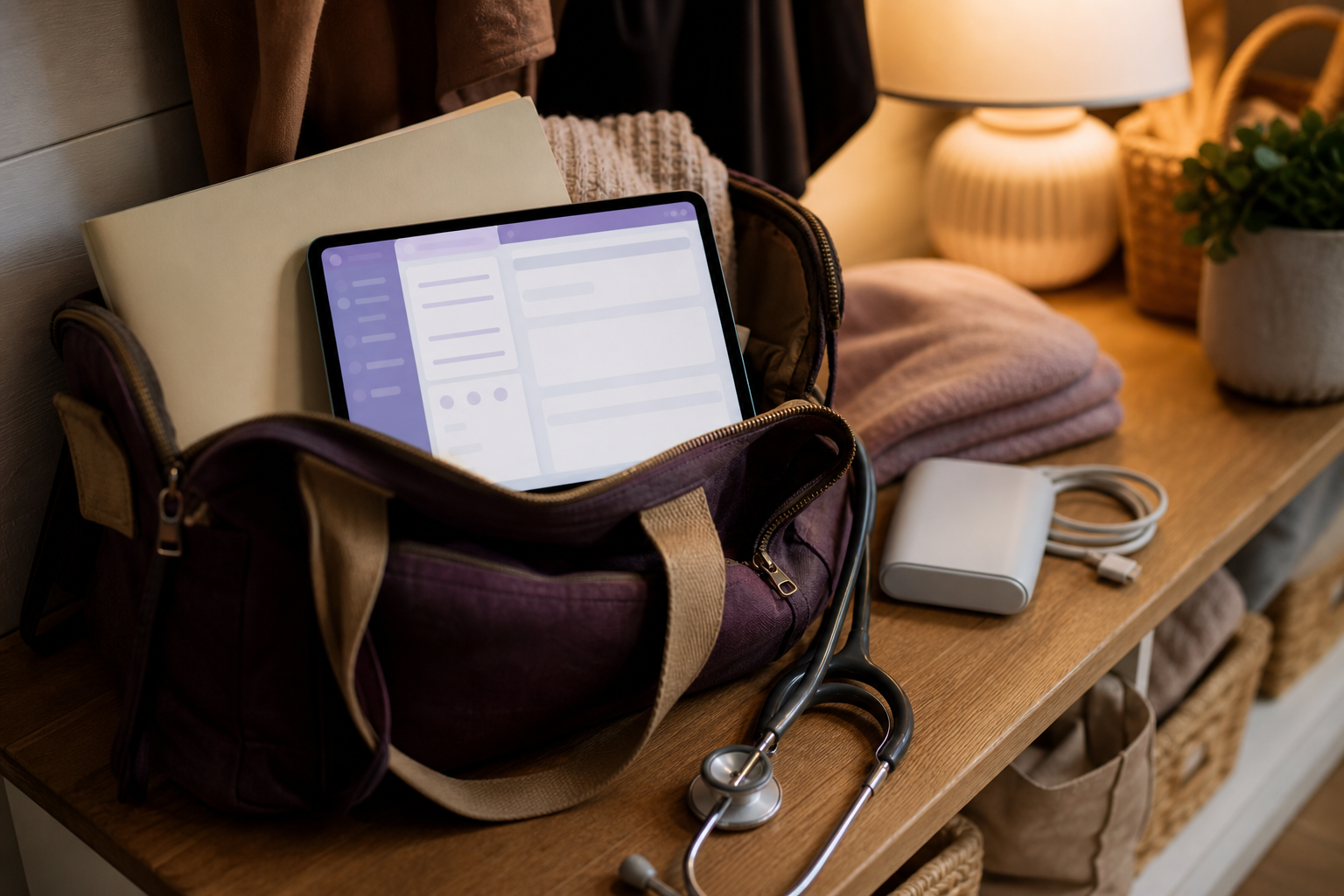 Midwifery workflow scene with device workflow tools in a bag and gear entry bench