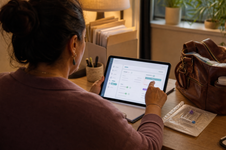 Over-the-shoulder view of a woman midwife using generic lab integration for midwifery practices software