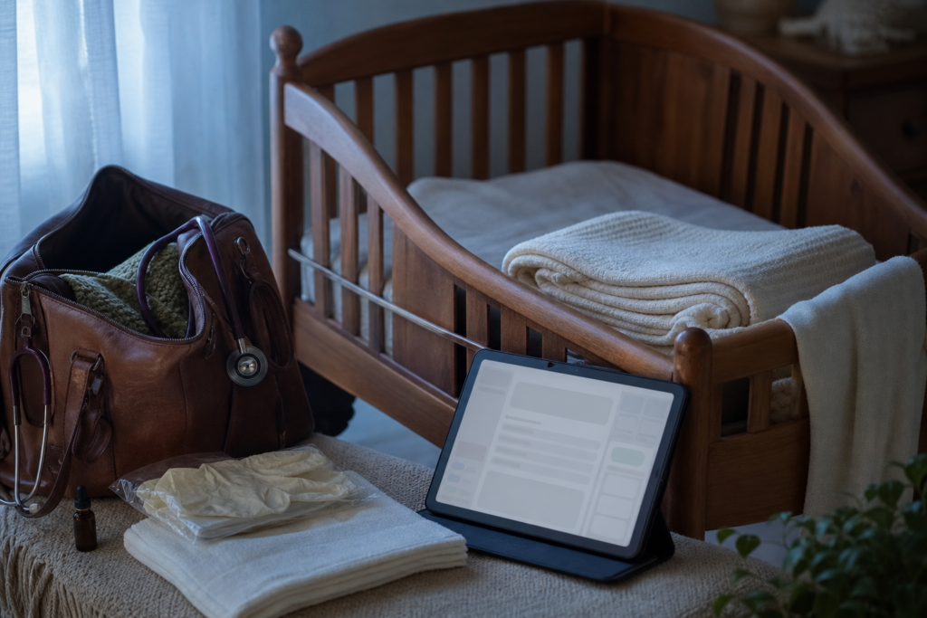 Midwifery workflow scene with labor documentation tools in a wooden cradle corner