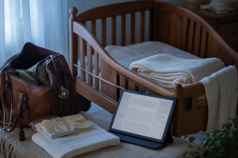 Midwifery workflow scene with labor documentation tools in a wooden cradle corner
