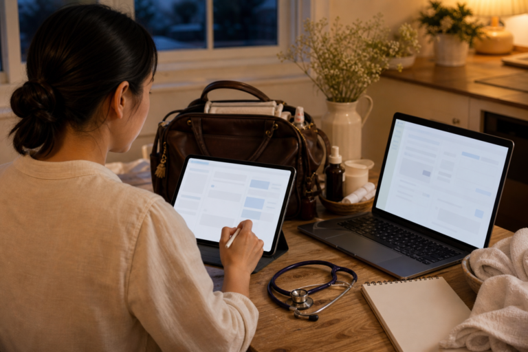 Back-of-head view of a woman midwife reviewing device workflow workflow