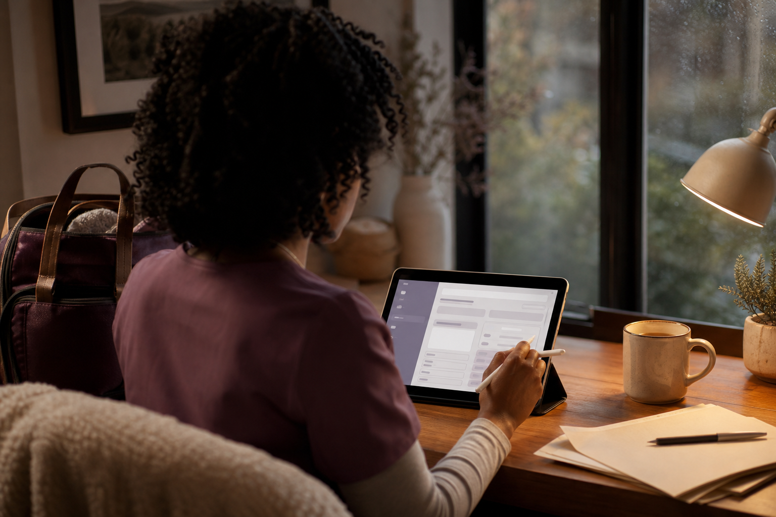 Over-the-shoulder view of a woman midwife using generic Mac and iPad charting for midwives software