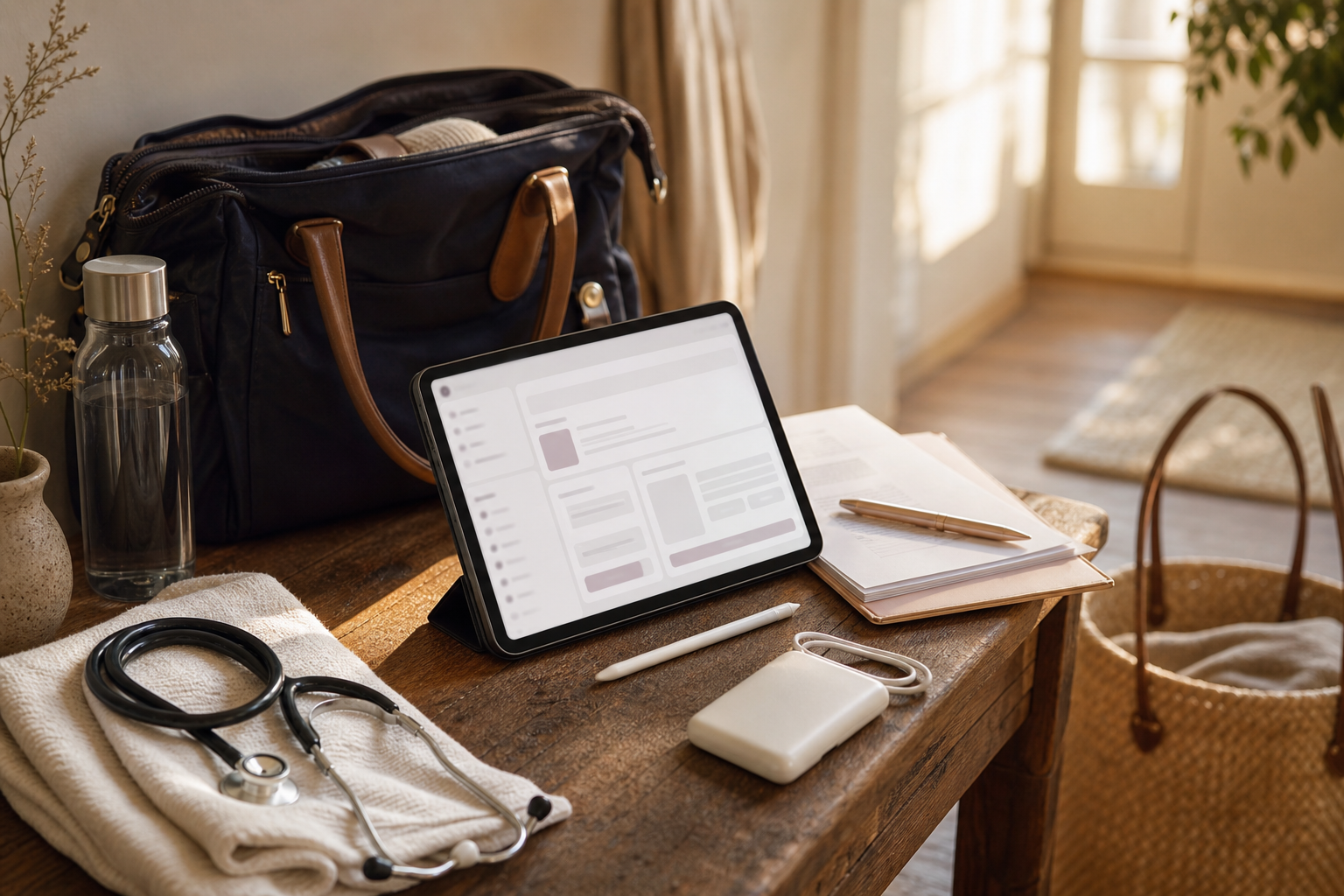 Midwifery workflow scene with device workflow tools in a bag and gear entry bench
