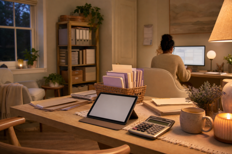 Wide home office workspace scene for billing and admin workflow