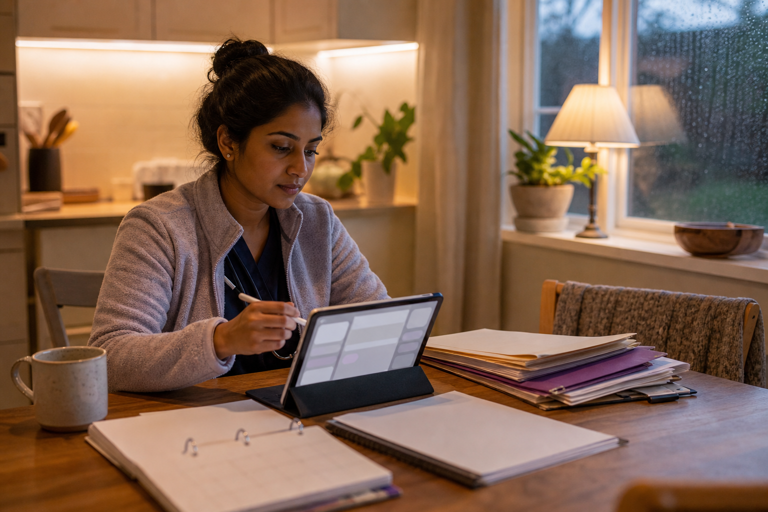 Woman midwife using software for midwifery billing EHR in a suburban kitchen at evening