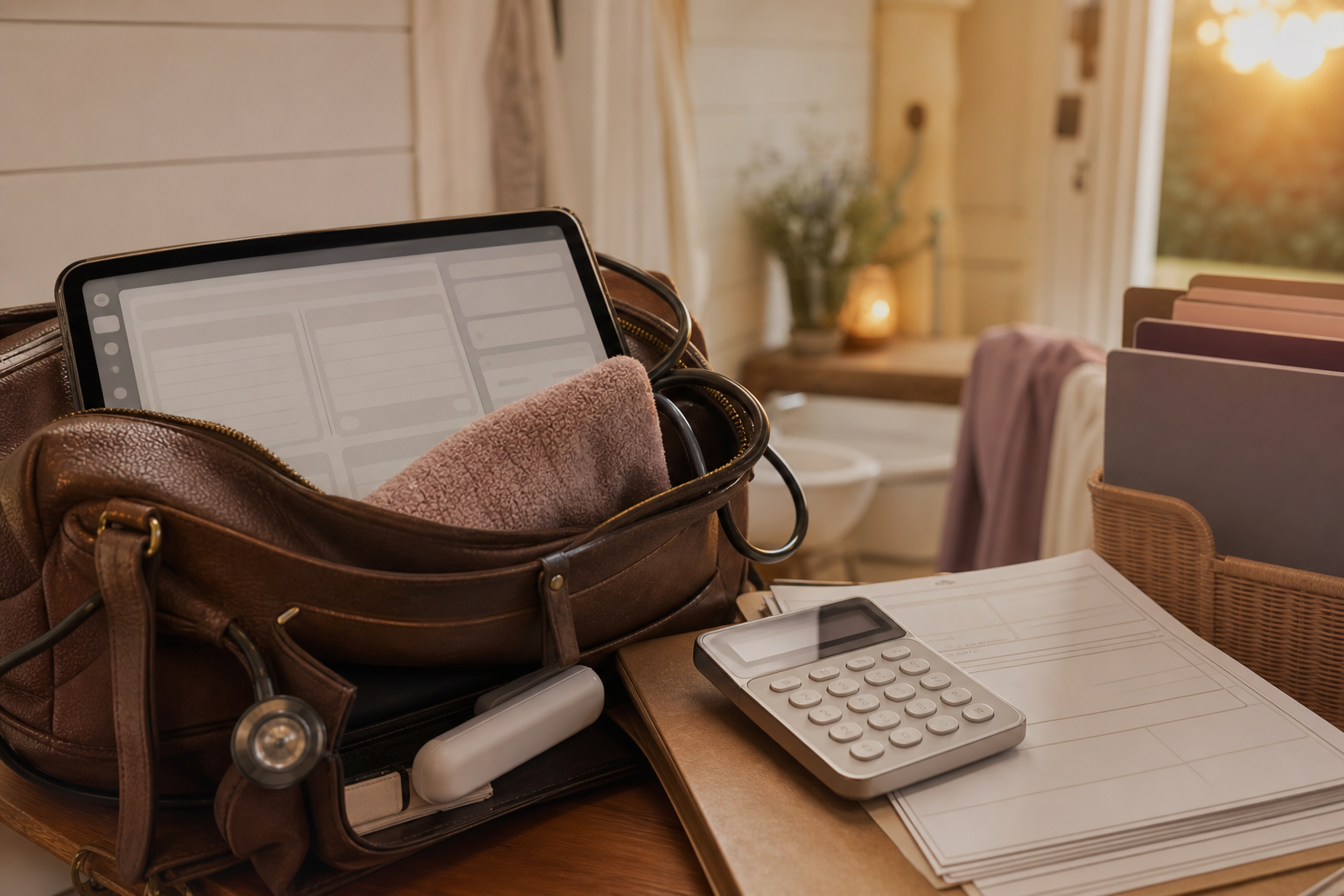 Midwifery workflow scene with billing and admin tools in a birth center records station
