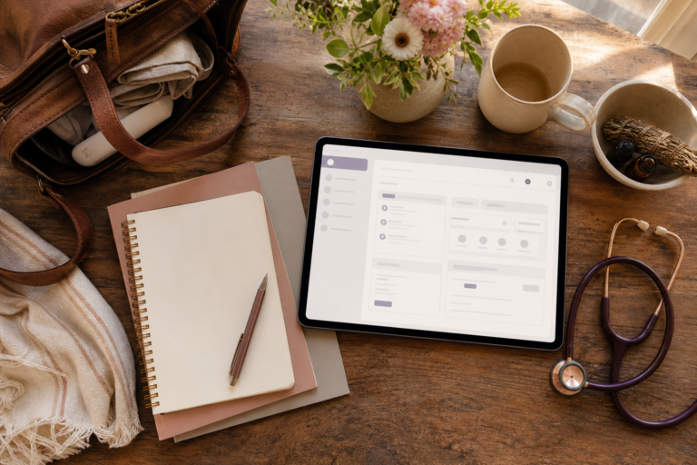 Midwifery workflow scene with software comparison tools in a midwifery gear tabletop
