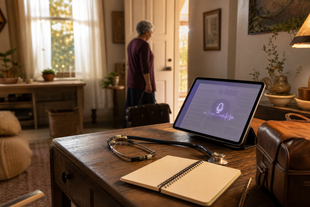 Wide tablet UI desk close-up scene for voice-assisted charting workflow