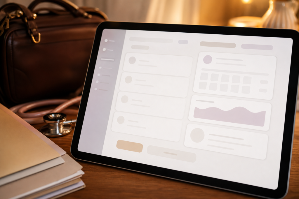Close-up of a generic unreadable EHR app interface for Mobile Midwife EHR review