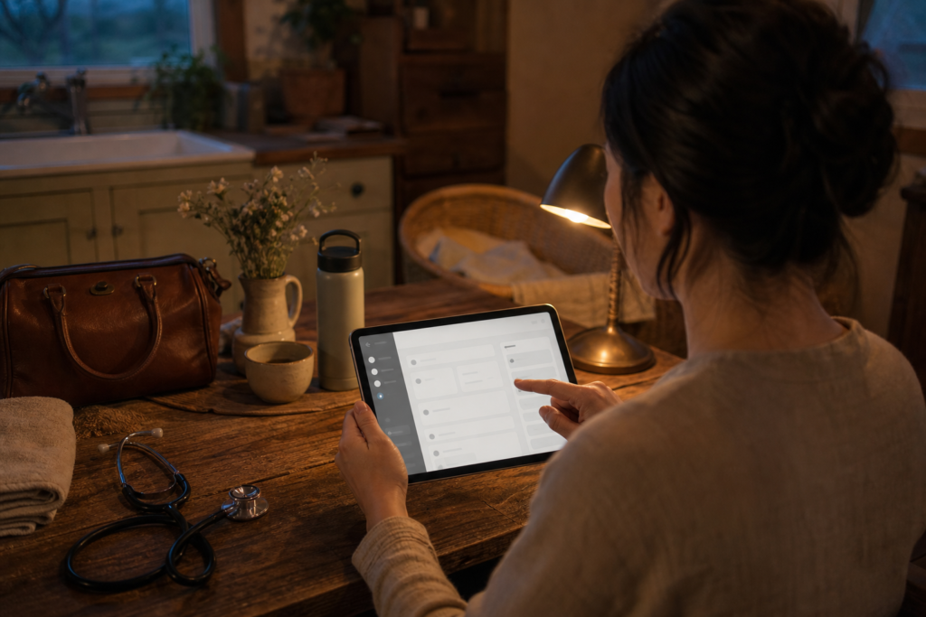 Over-the-shoulder view of a woman midwife using generic move midwifery practice from paper to EHR software