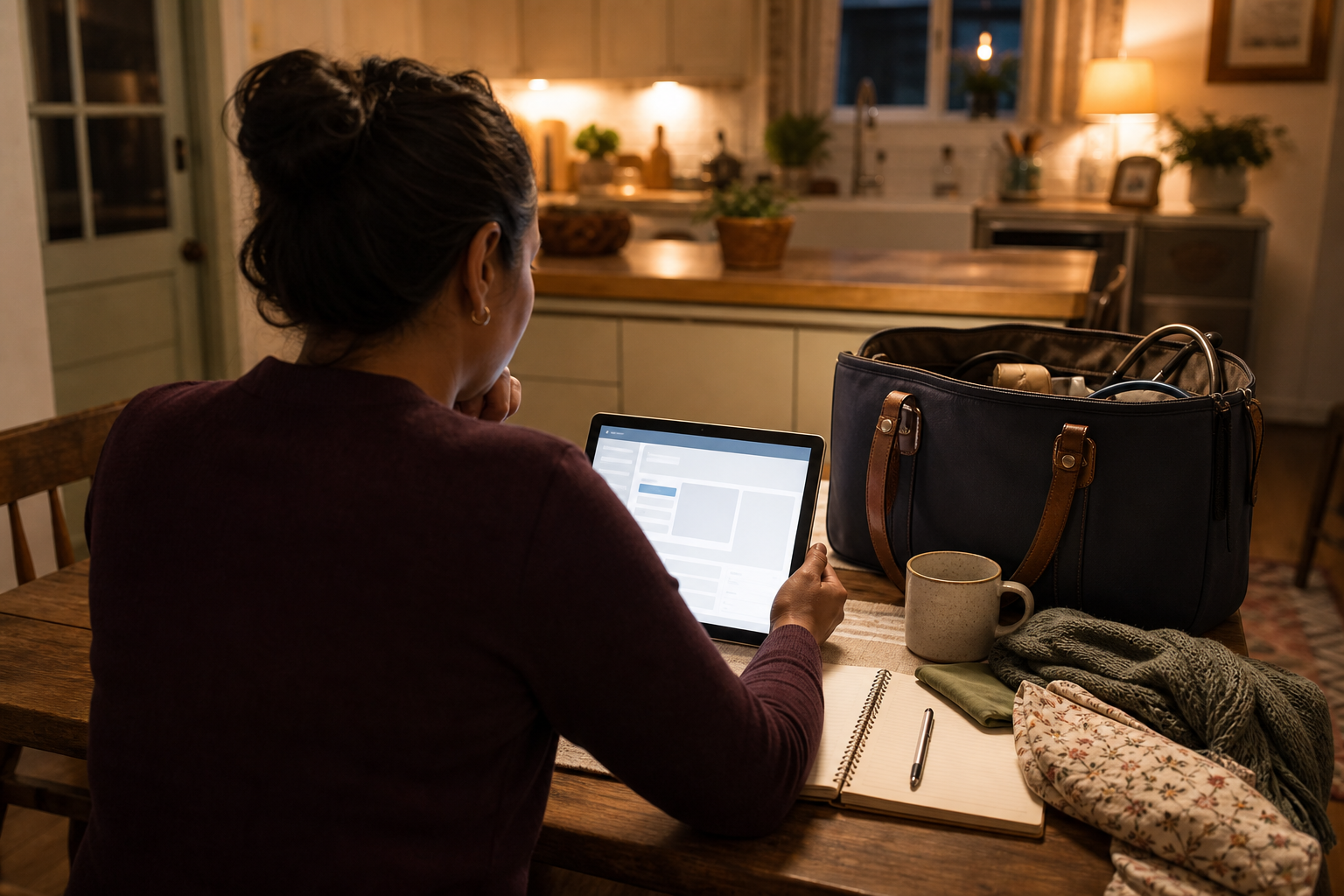 Back-of-head view of a woman midwife reviewing offline and field charting workflow
