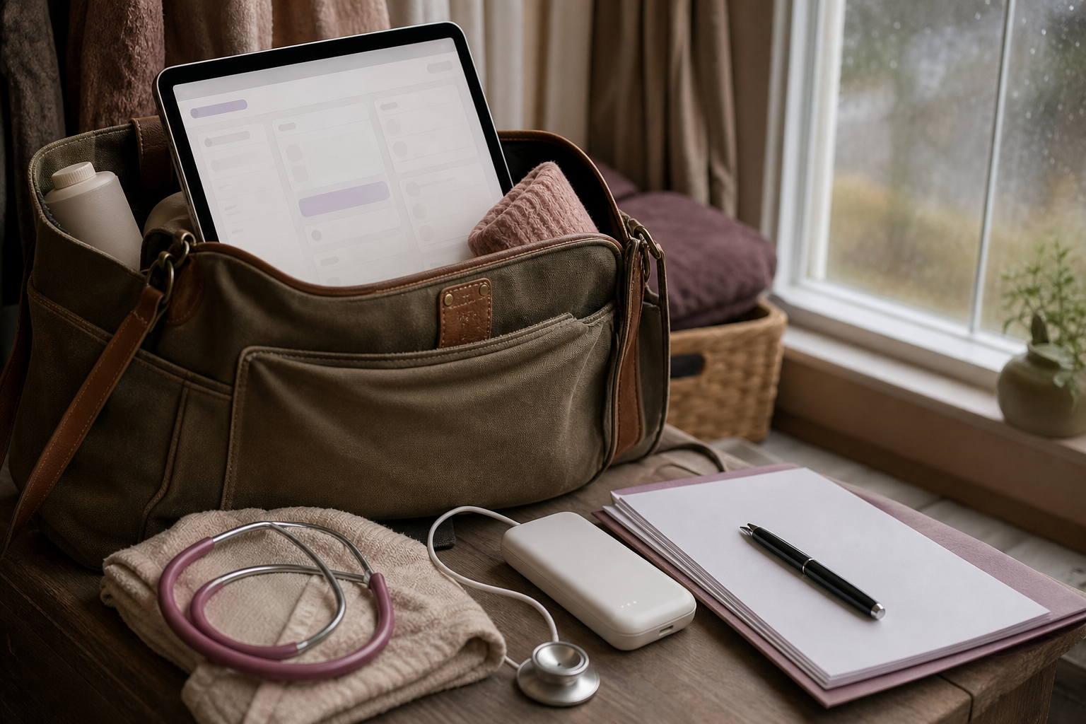 Midwifery workflow scene with offline and field charting tools in a bag and gear entry bench