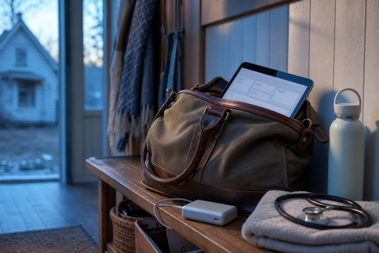 Midwifery workflow scene with offline and field charting tools in a bag and gear entry bench