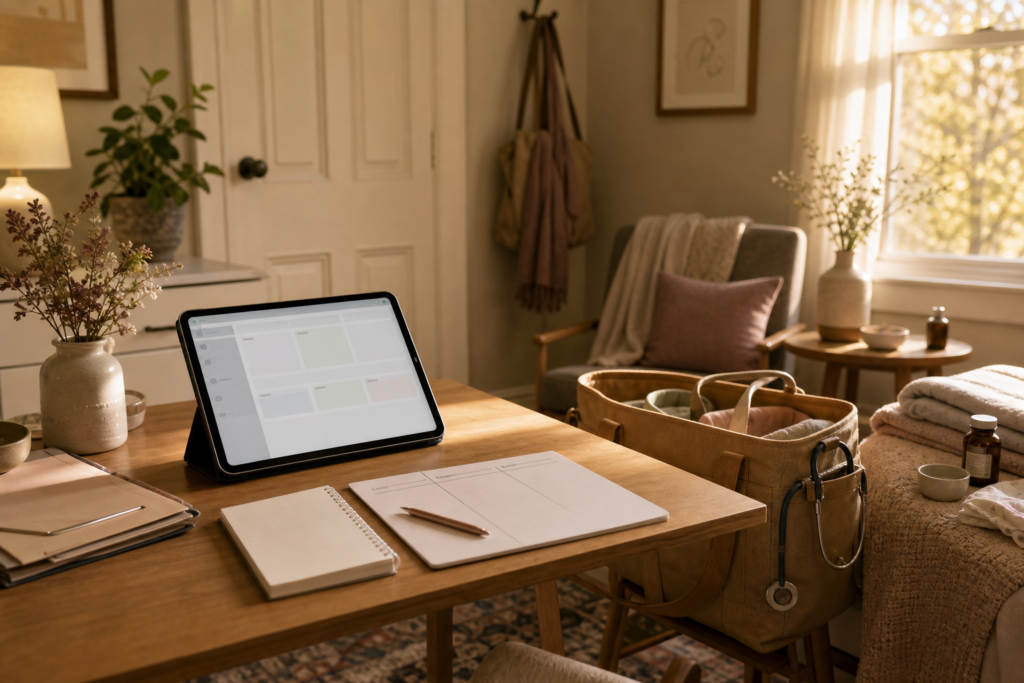 Midwifery workflow scene with software comparison tools in a small private clinic office