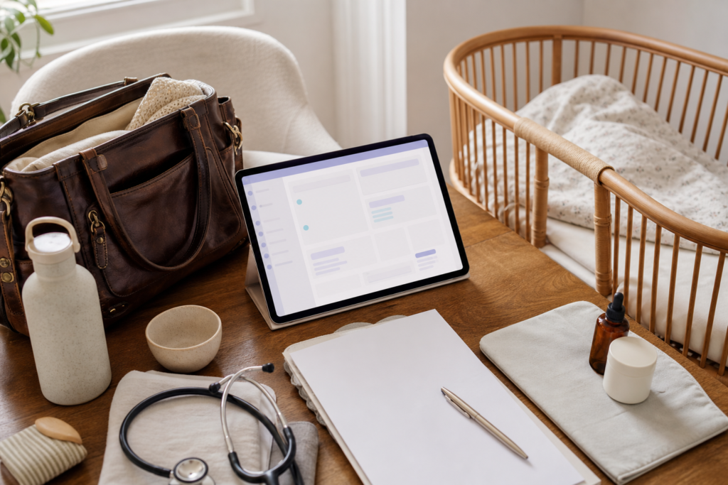 Midwifery workflow scene with postpartum follow-up tools in a wooden cradle corner