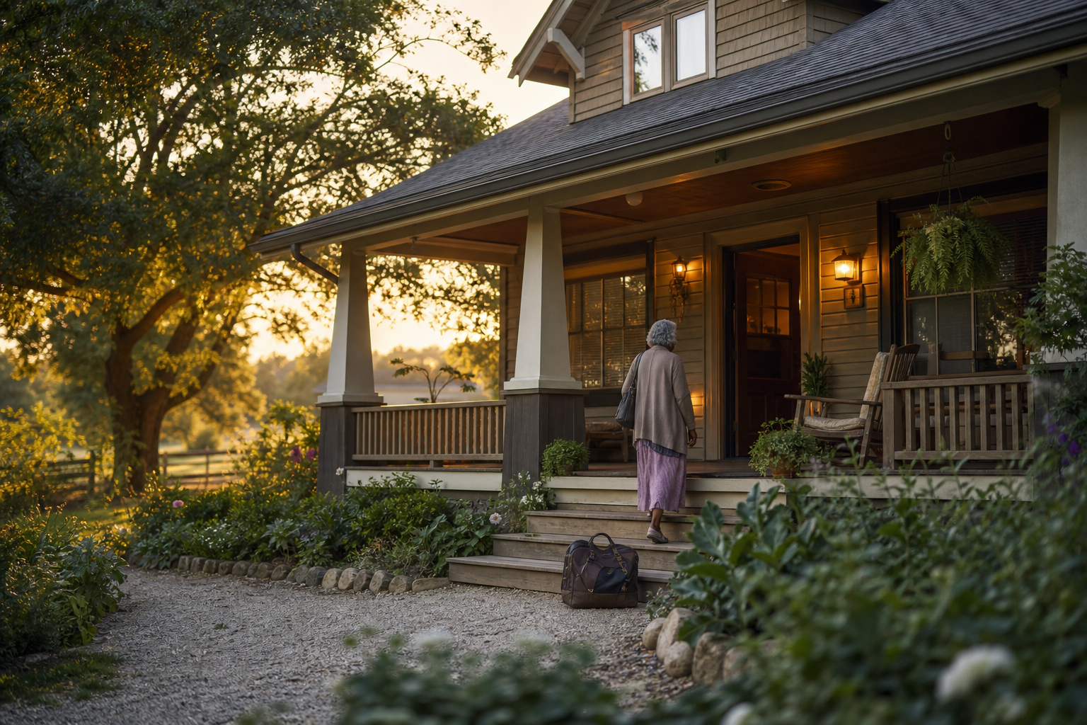 Wide historic craftsman porch scene for postpartum follow-up workflow
