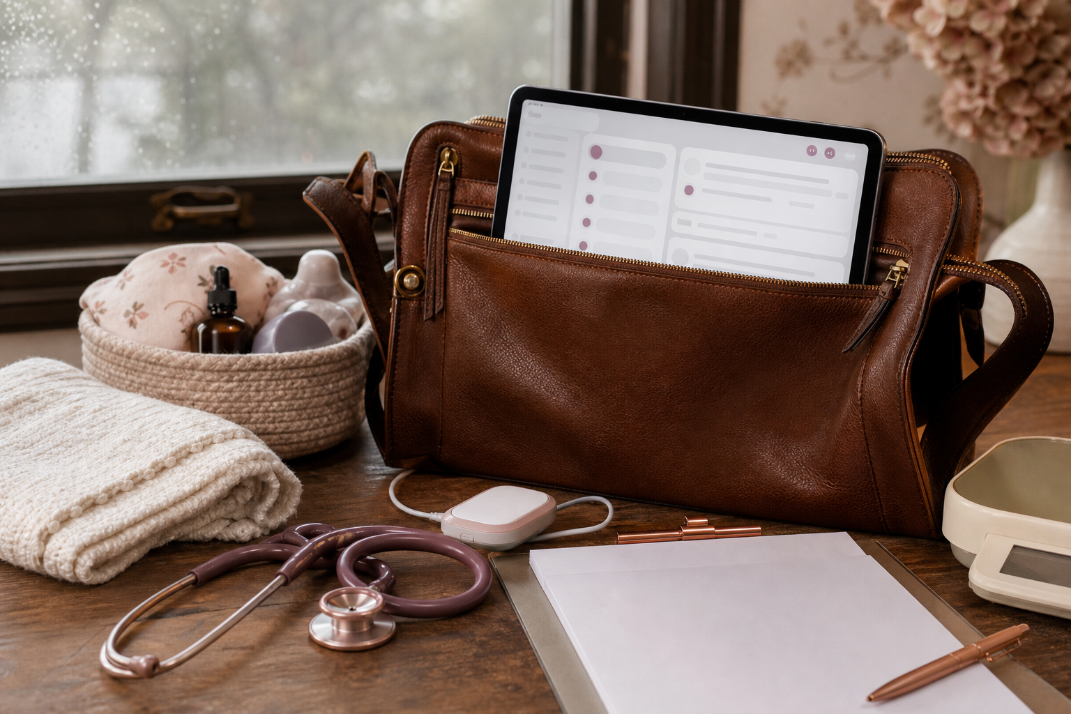 Midwifery workflow scene with postpartum follow-up tools in a midwifery gear tabletop