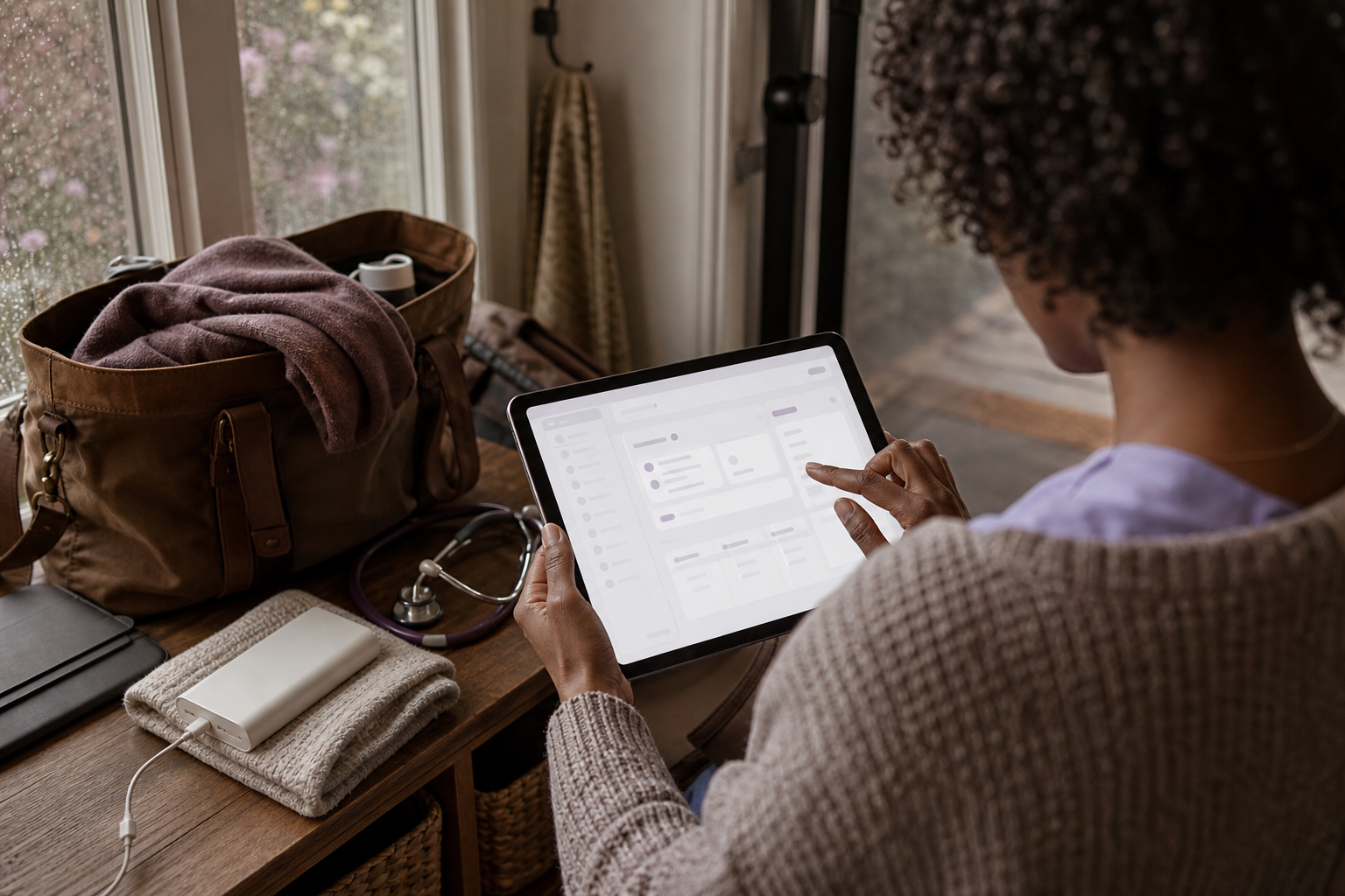 Over-the-shoulder view of a woman midwife using generic paperless charting for midwives software