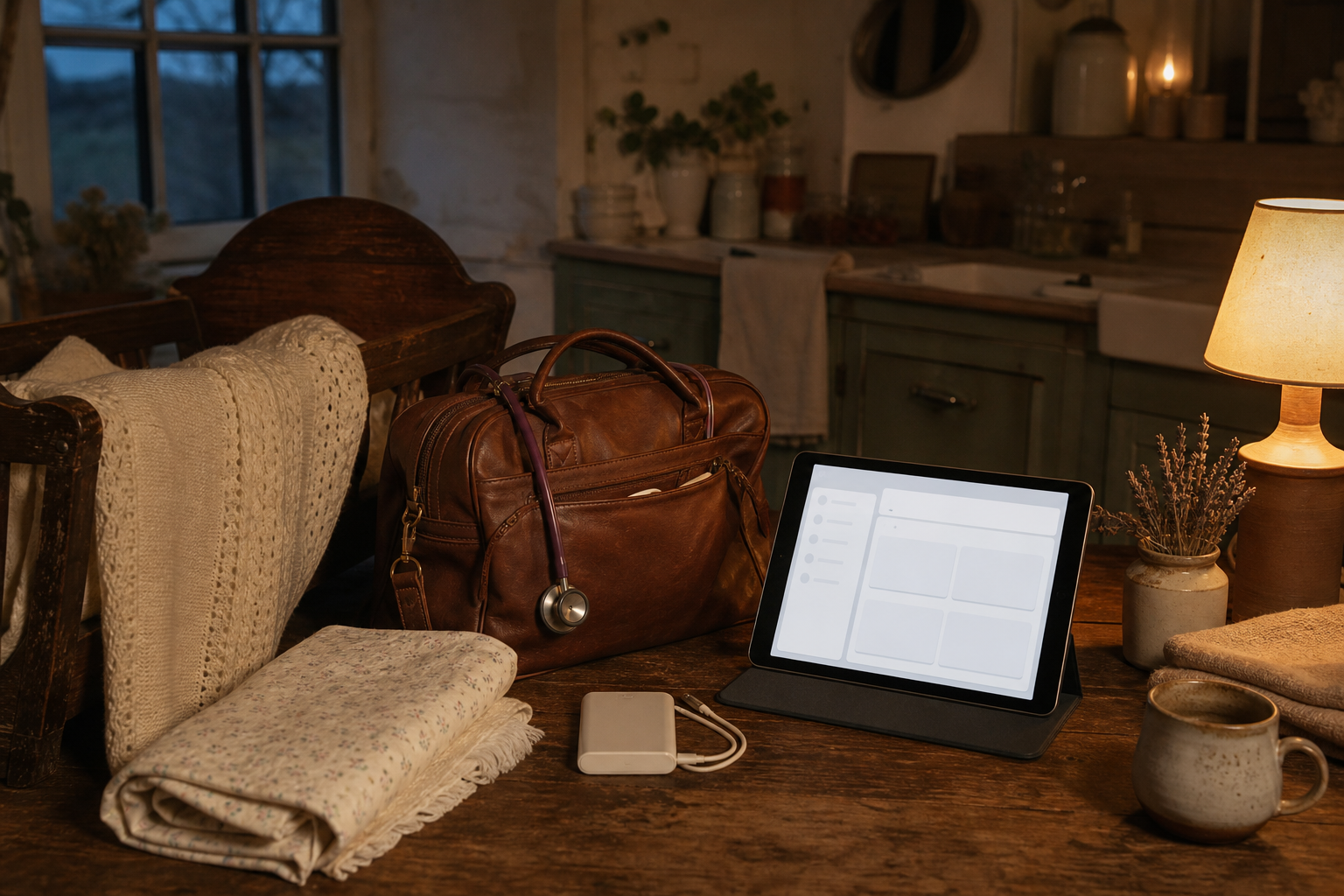 Midwifery workflow scene with offline and field charting tools in a rural farmhouse kitchen