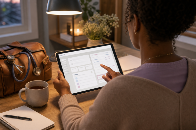 Over-the-shoulder view of a woman midwife using generic questions before choosing a midwifery EHR software