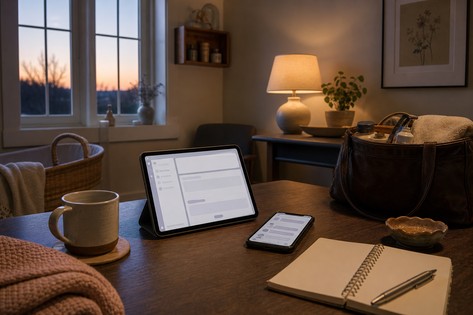 Midwifery workflow scene with client messaging tools in a twilight practice desk
