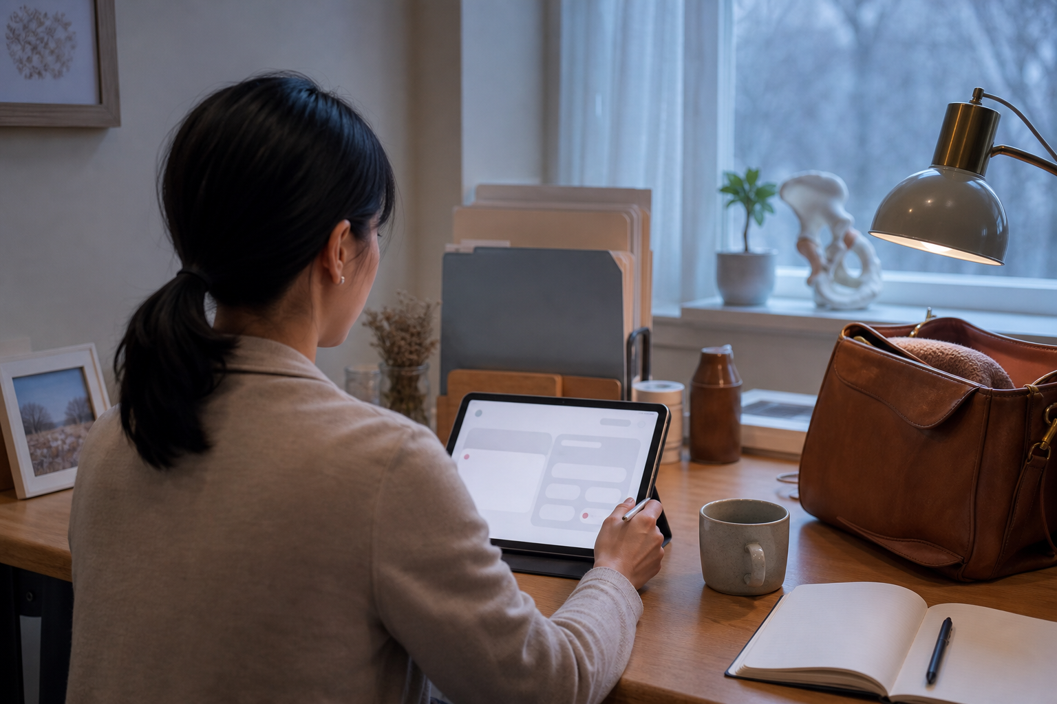 Back-of-head view of a woman midwife reviewing client messaging workflow